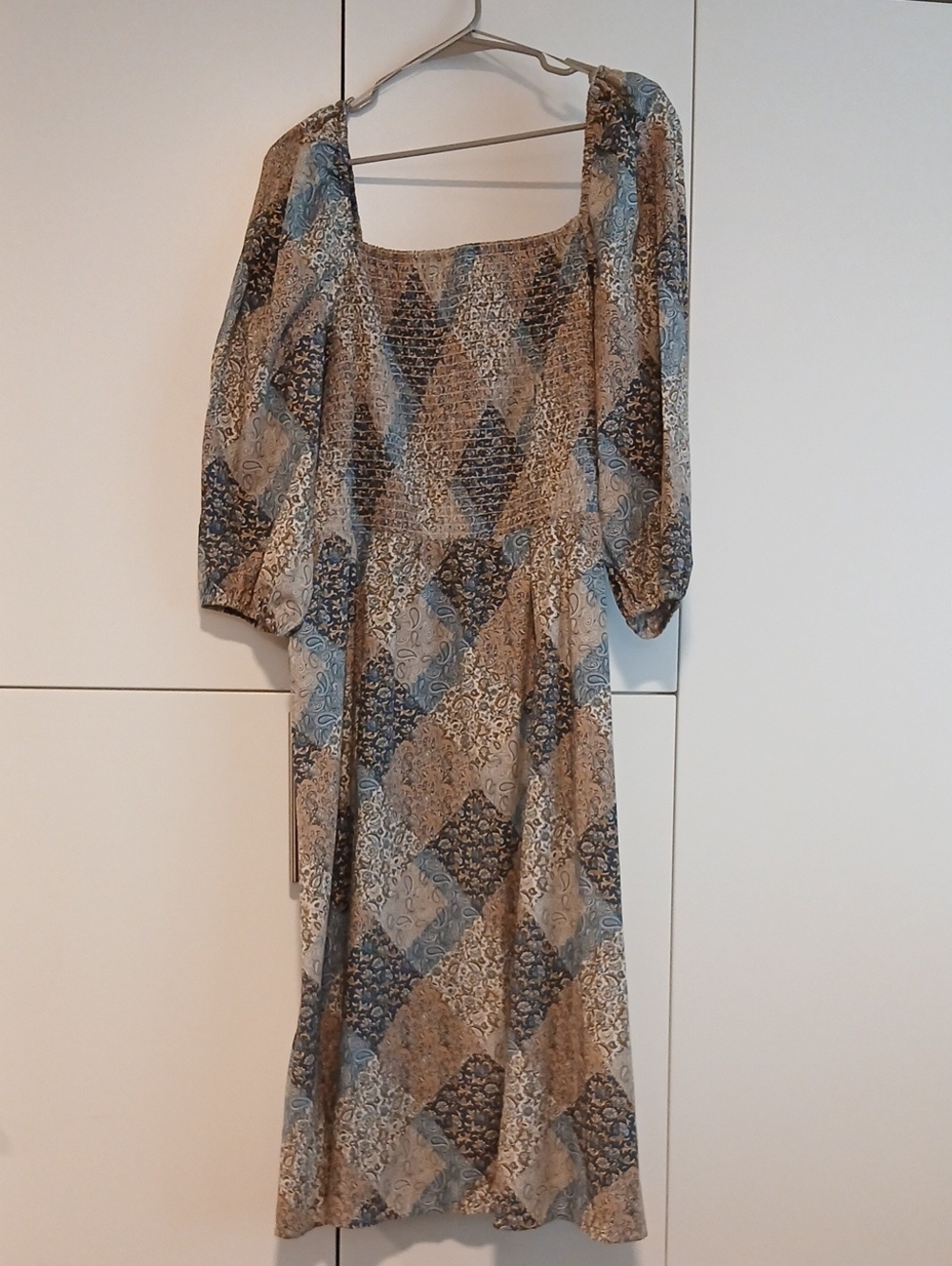 Time and Tru Blue and Tan Patchwork Square Neck Midi Dress